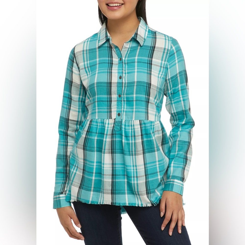 True Craft Women's Flannel S Blue White Plaid Button Shirt Ruffle **CLEARANCE**